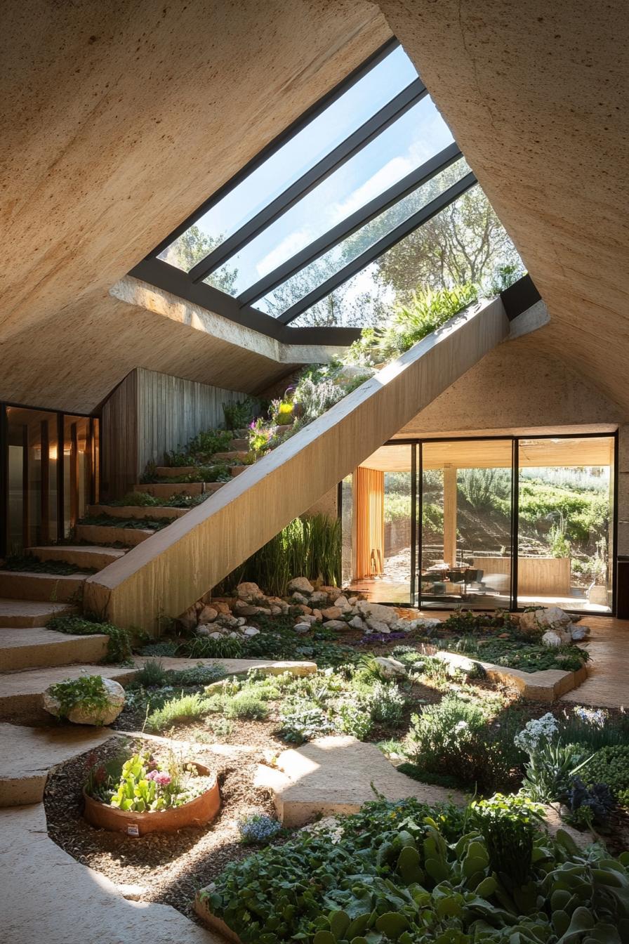 high angle view of an earth sheltered hillside house with inner courtyard and skylights 1