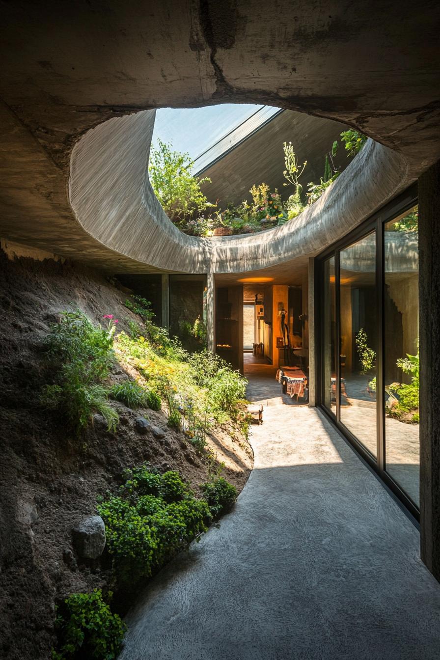 high angle view of an earth sheltered hillside house with inner courtyard and skylights 3