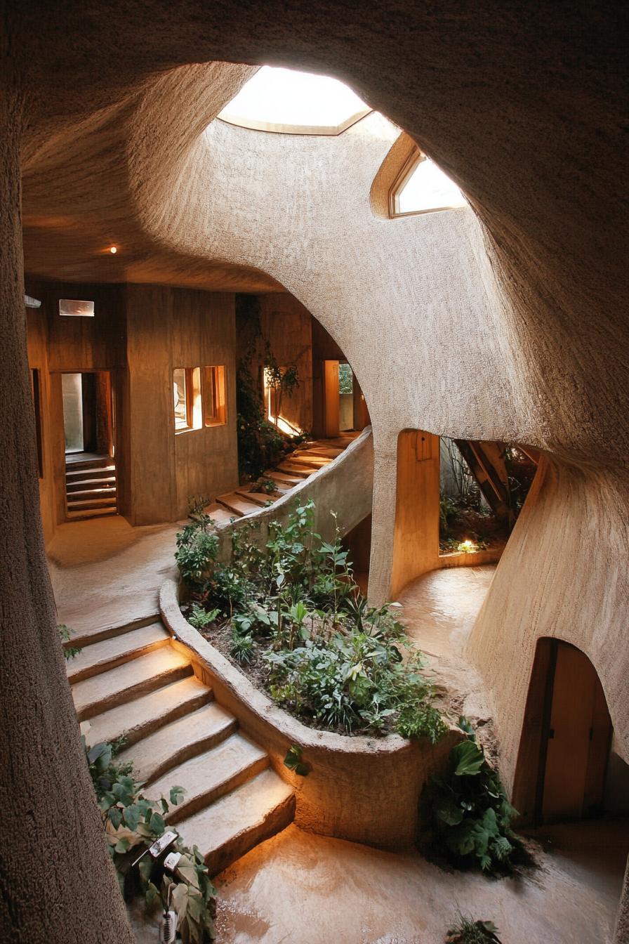 high angle view of an earth sheltered hillside house with inner courtyard and skylights