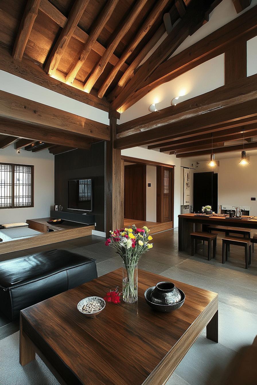 higly modern Korean home interior with traditional furniture accents