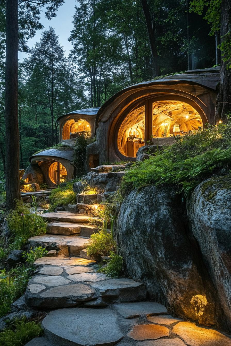 hobbit underground house in the woods with lush forest views 1