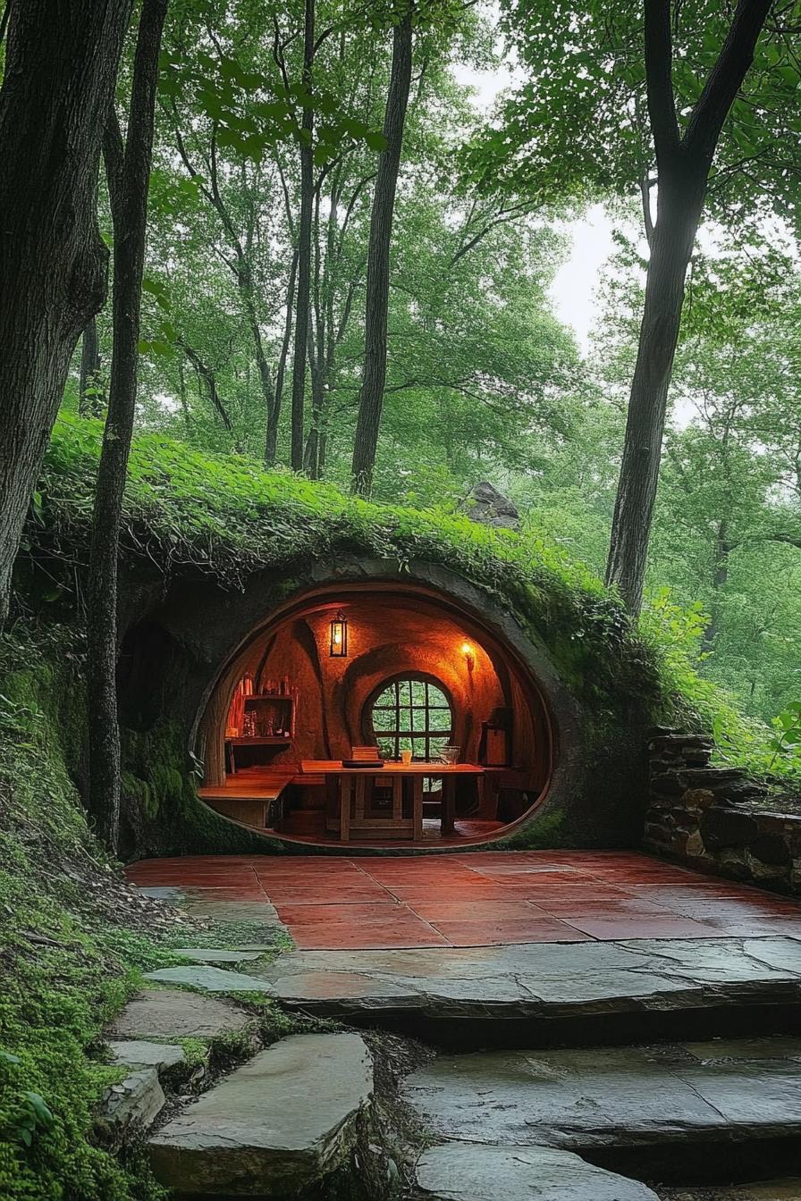 hobbit underground house in the woods with lush forest views 2