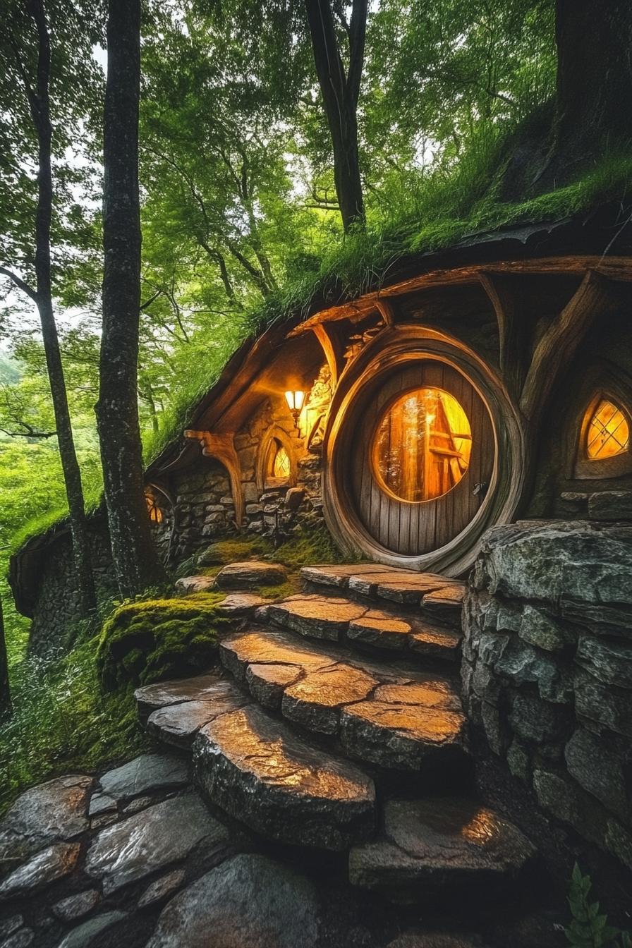 hobbit underground house in the woods with lush forest views 3