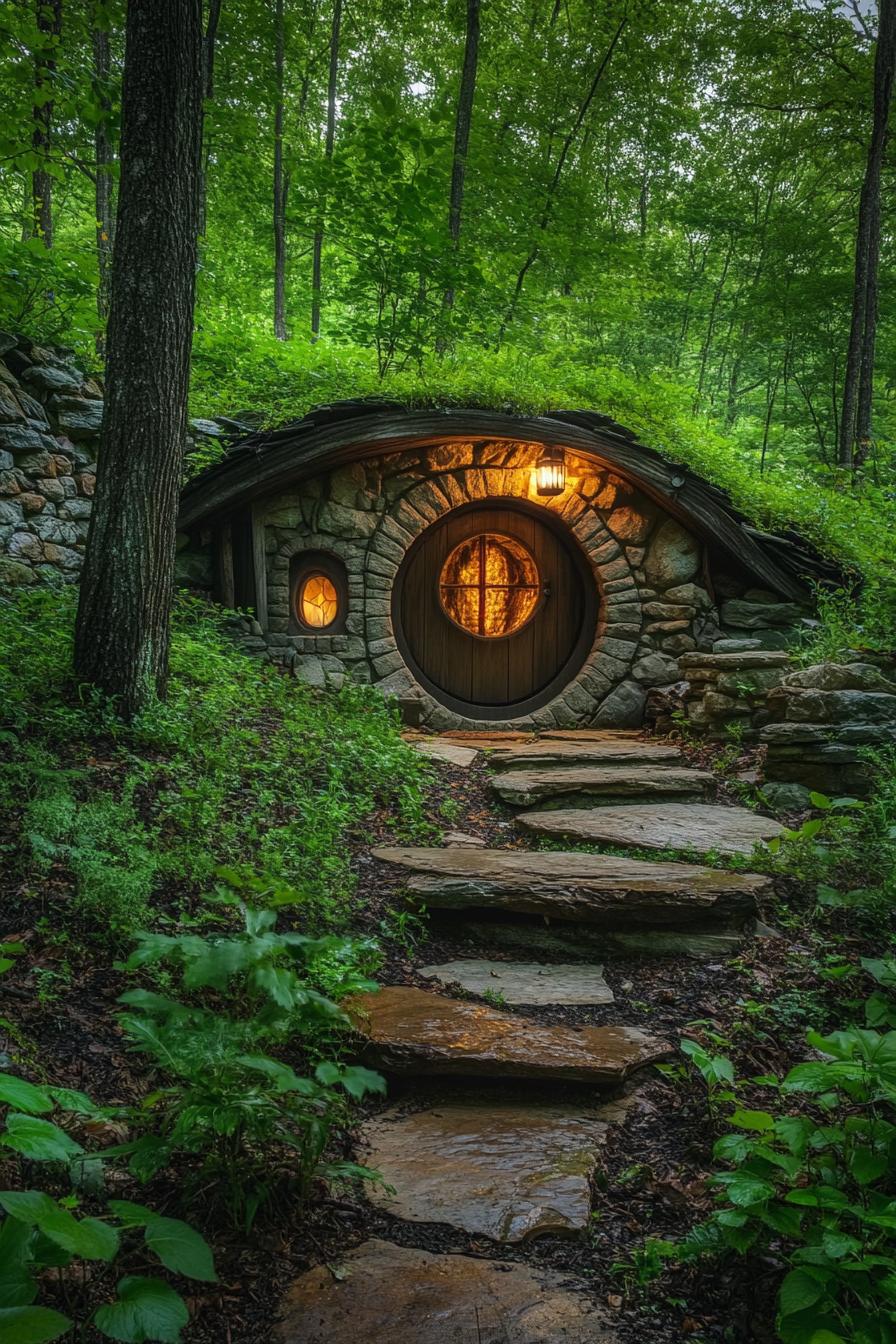 hobbit underground house in the woods with lush forest views