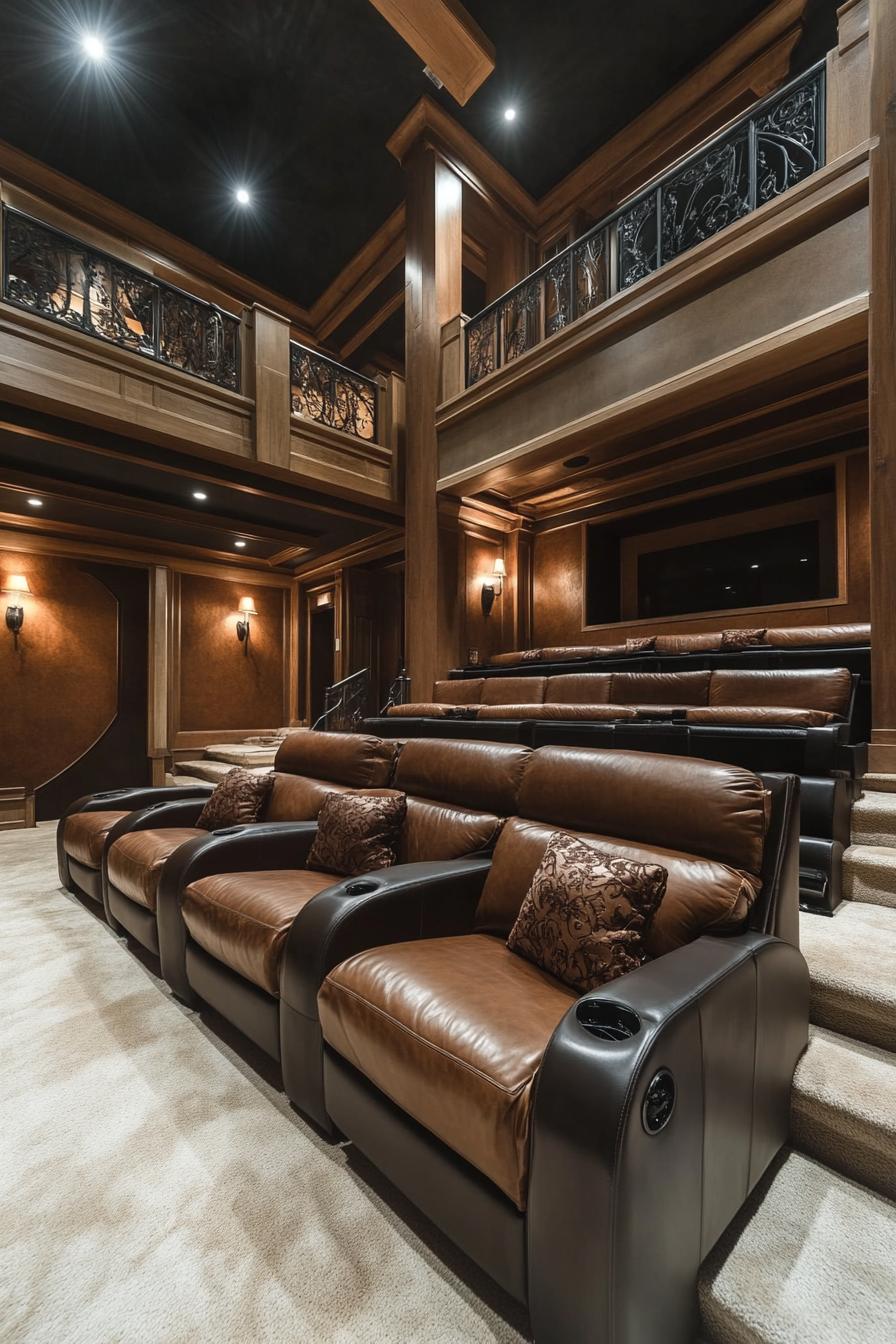 large home theater with leather furniture in a modern mansion