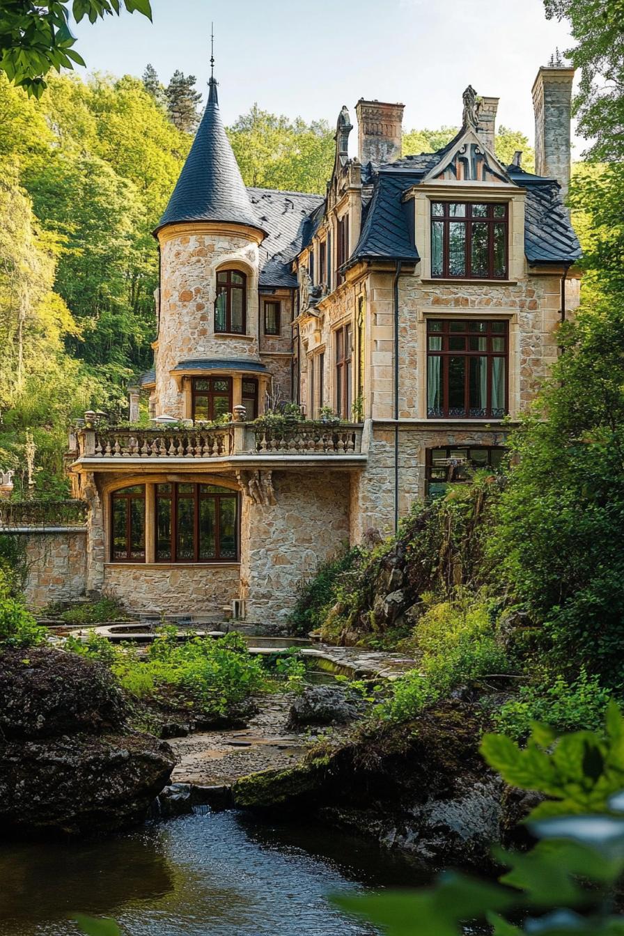 luxury mansion built on a historical castle with picturesque lush forest river views 1