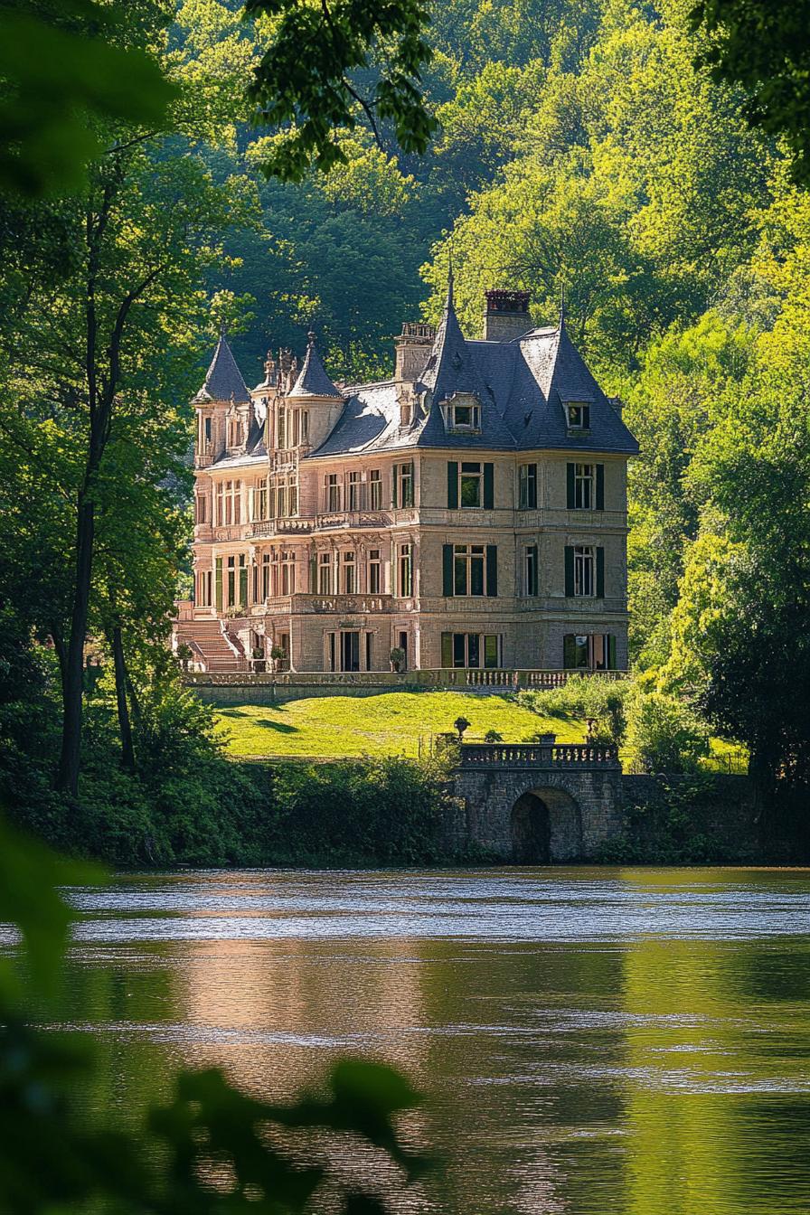 luxury mansion built on a historical castle with picturesque lush forest river views