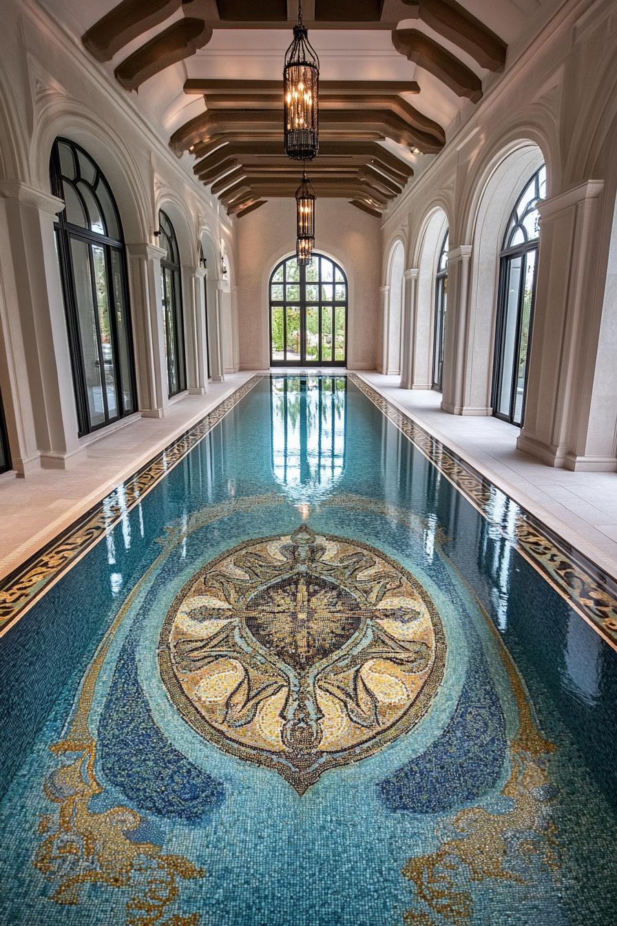 luxury mansion pool with unique mosaic floor