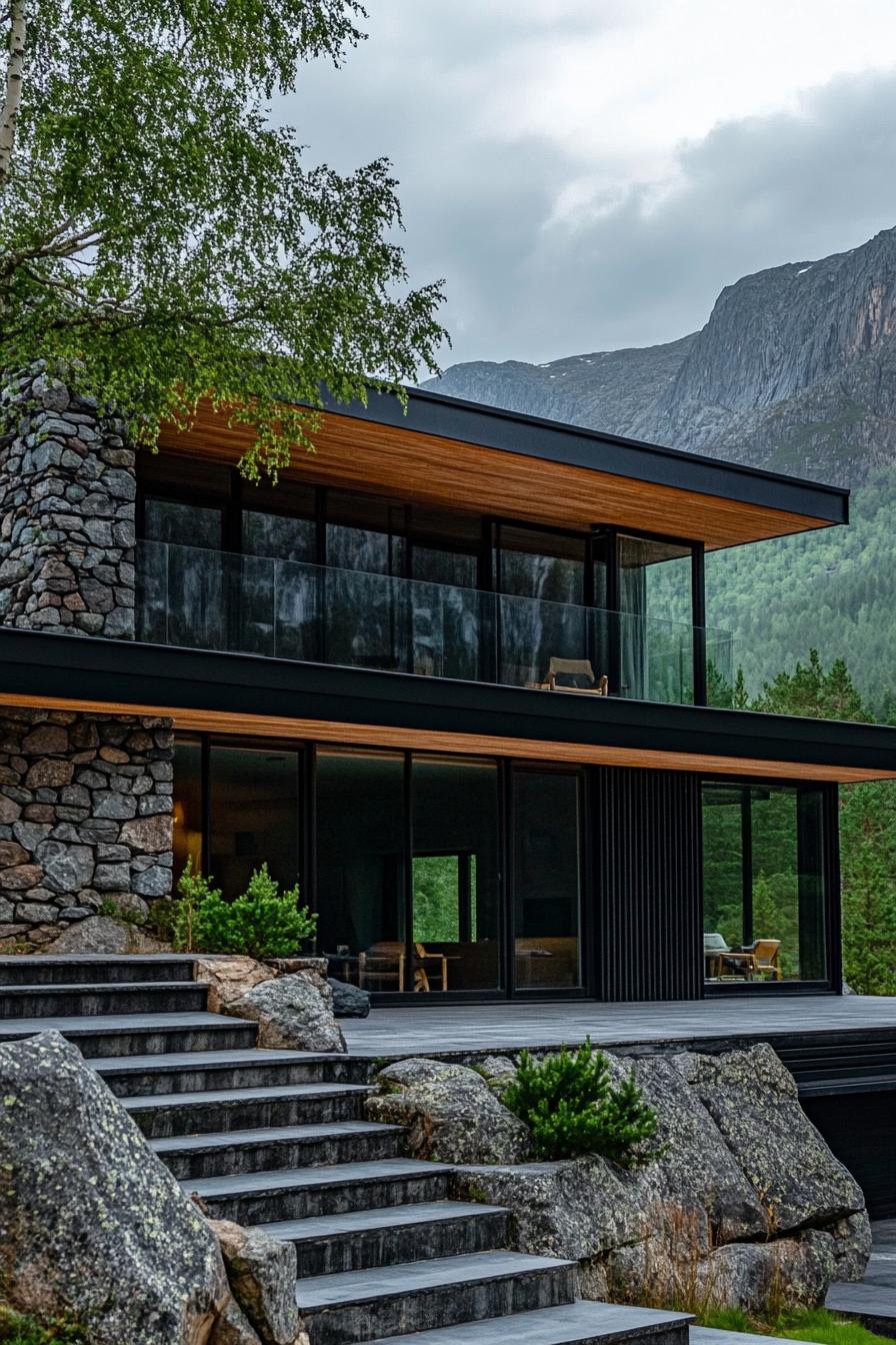 mid century modern 1950s style house stone and wood facade in Scandinavian mountains 1