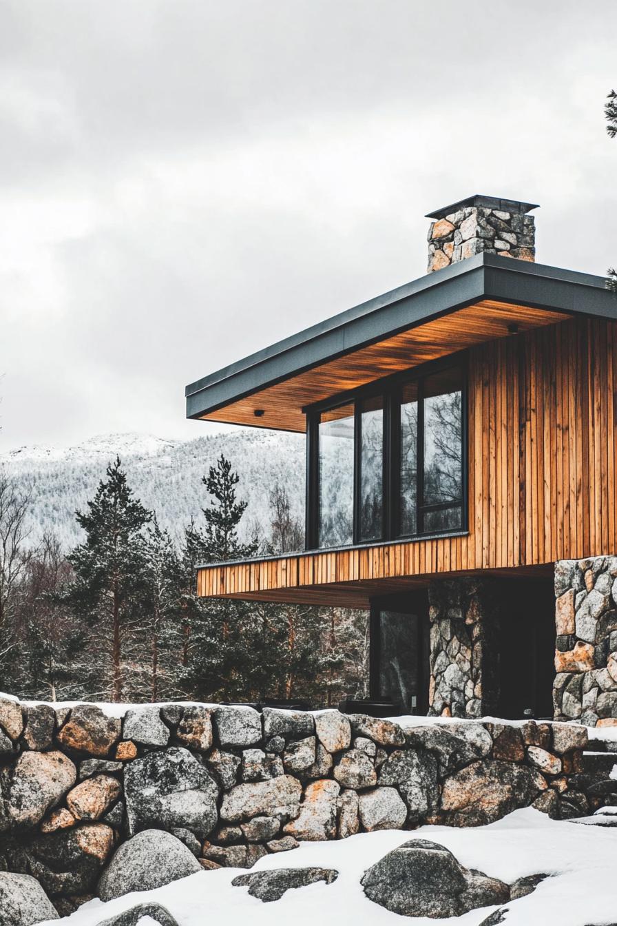 mid century modern 1950s style house stone and wood facade in Scandinavian mountains 2