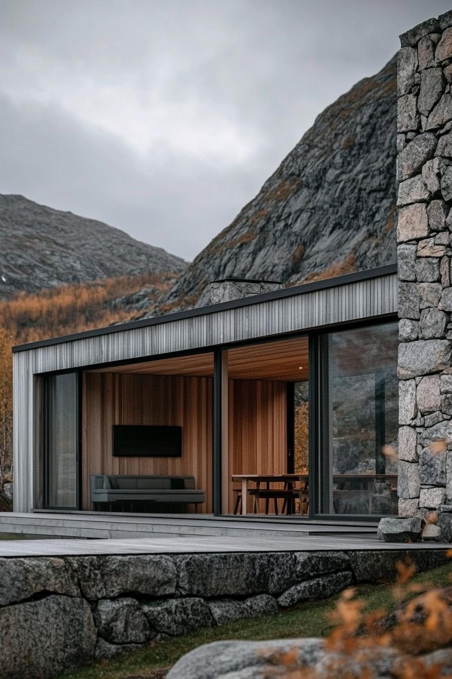 mid century modern 1950s style house stone and wood facade in Scandinavian mountains 3