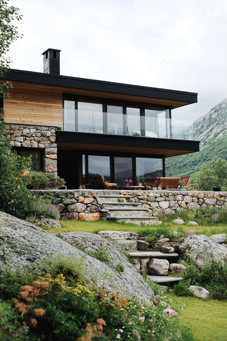 mid century modern 1950s style house stone and wood facade in Scandinavian mountains