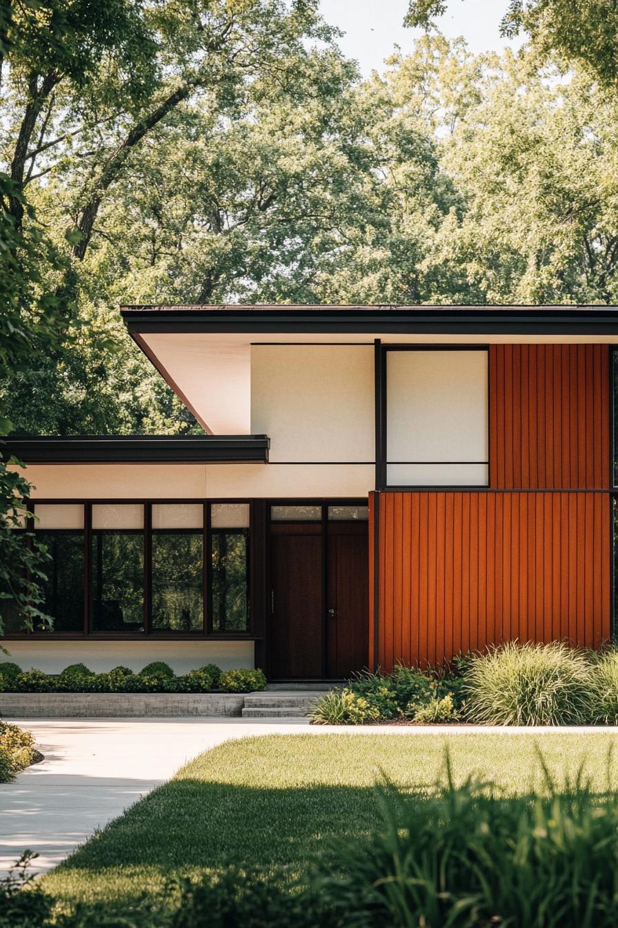 mid century modern house facade in rust orange and cream with dark wood panels 1