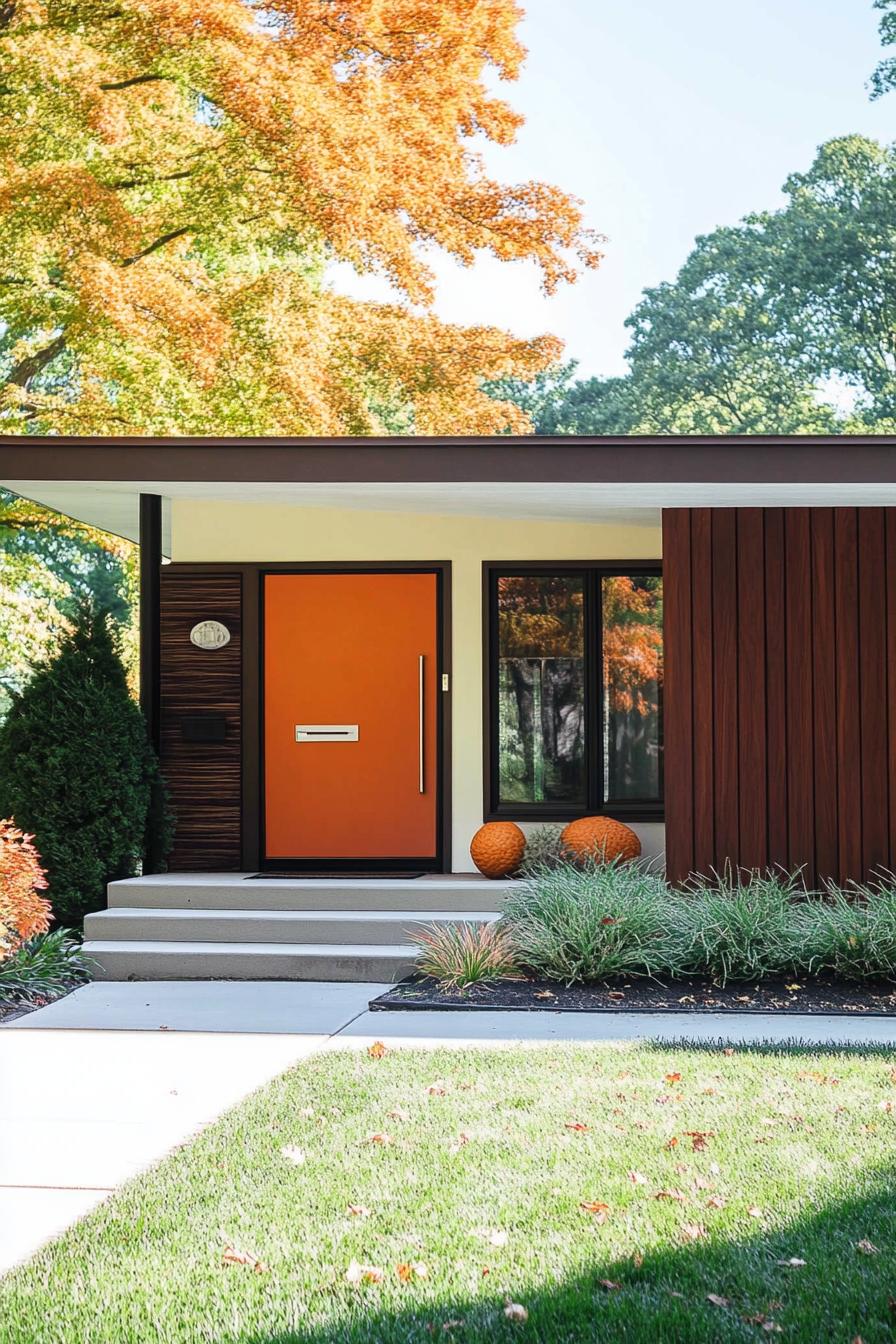 mid century modern house facade in rust orange and cream with dark wood panels 2