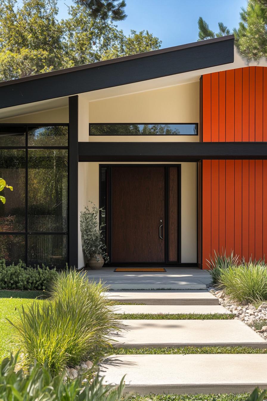 mid century modern house facade in rust orange and cream with dark wood panels