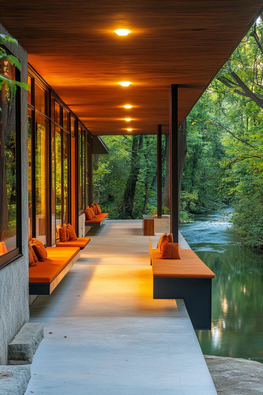 mid century modern house front porch with built in benches with a river lined with trees visible 1