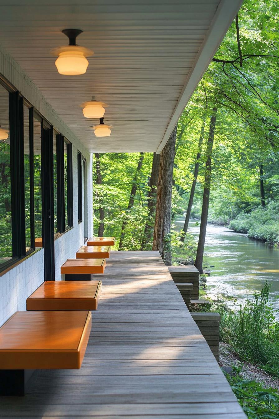 mid century modern house front porch with built in benches with a river lined with trees visible 2