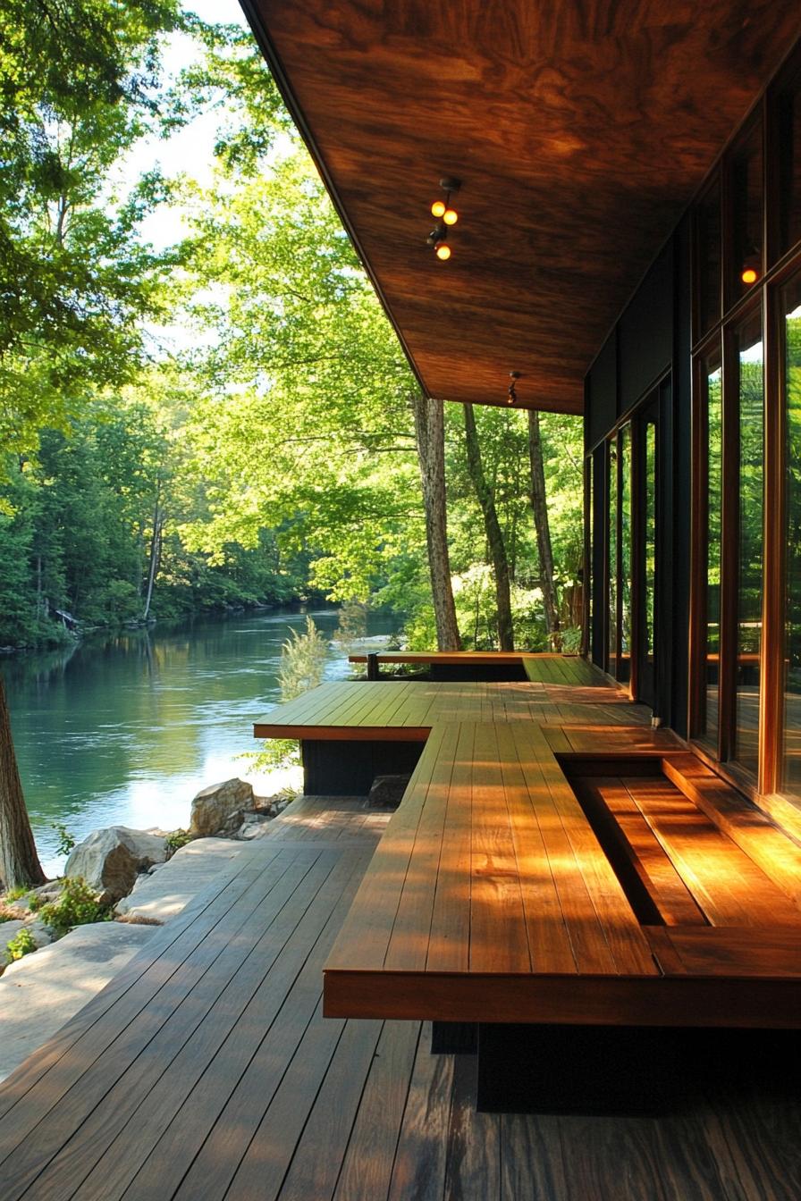 mid century modern house front porch with built in benches with a river lined with trees visible 3