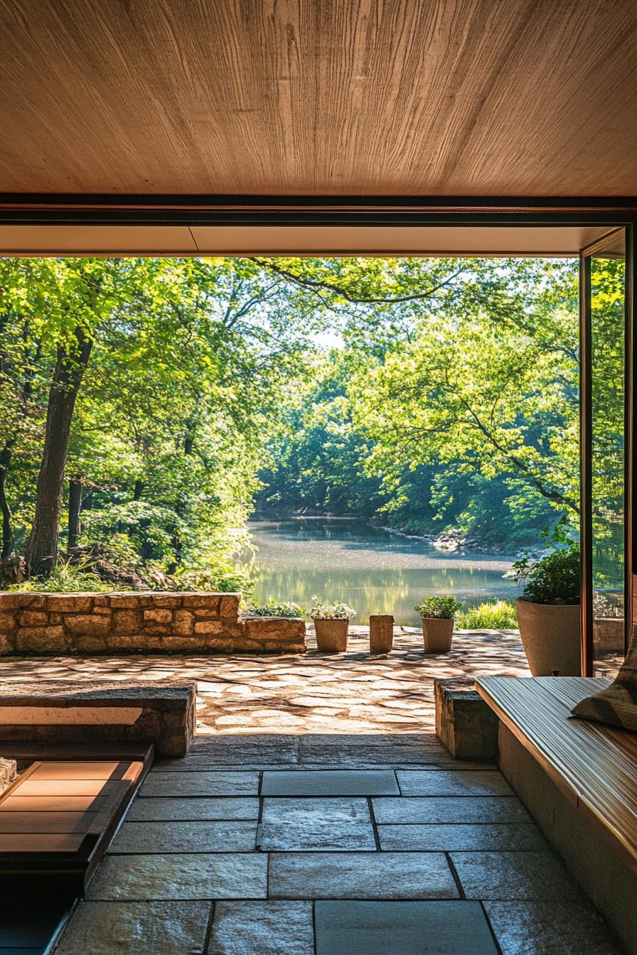 mid century modern house front porch with built in benches with a river lined with trees visible