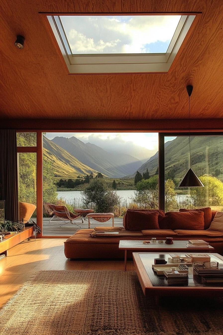 mid century modern lodge house with skylights stunning New Zealand hills in the background 1