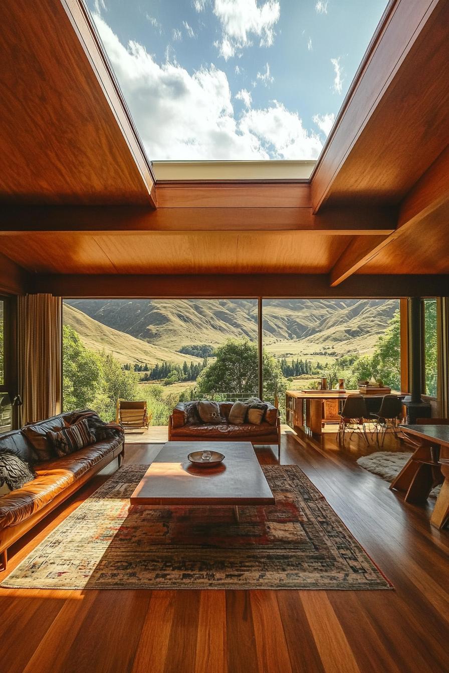 mid century modern lodge house with skylights stunning New Zealand hills in the background 2