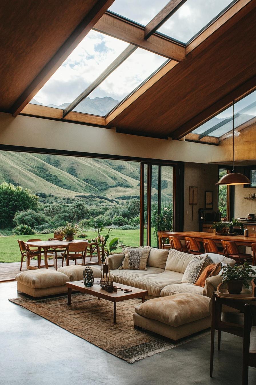 mid century modern lodge house with skylights stunning New Zealand hills in the background 3