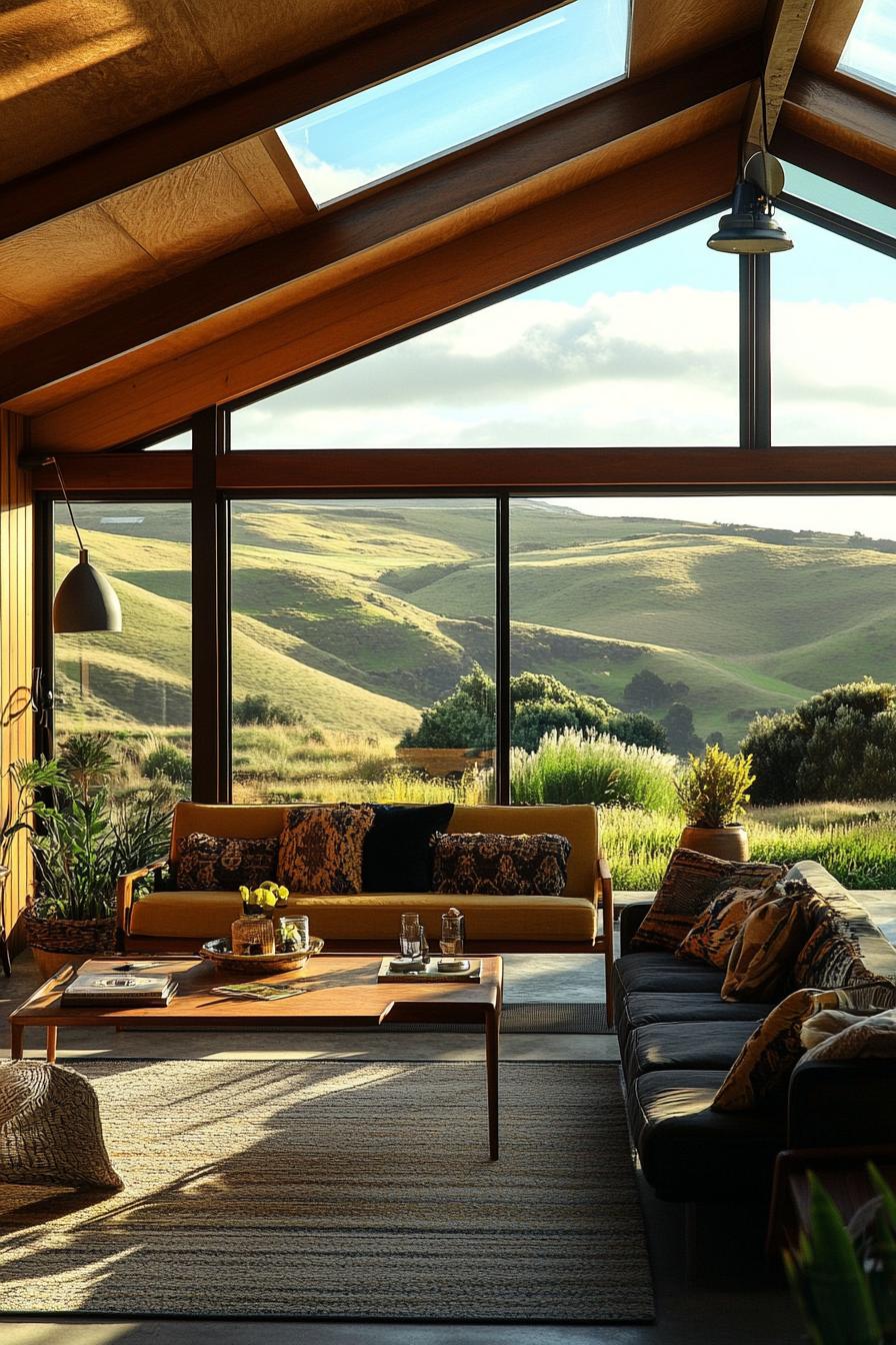 mid century modern lodge house with skylights stunning New Zealand hills in the background