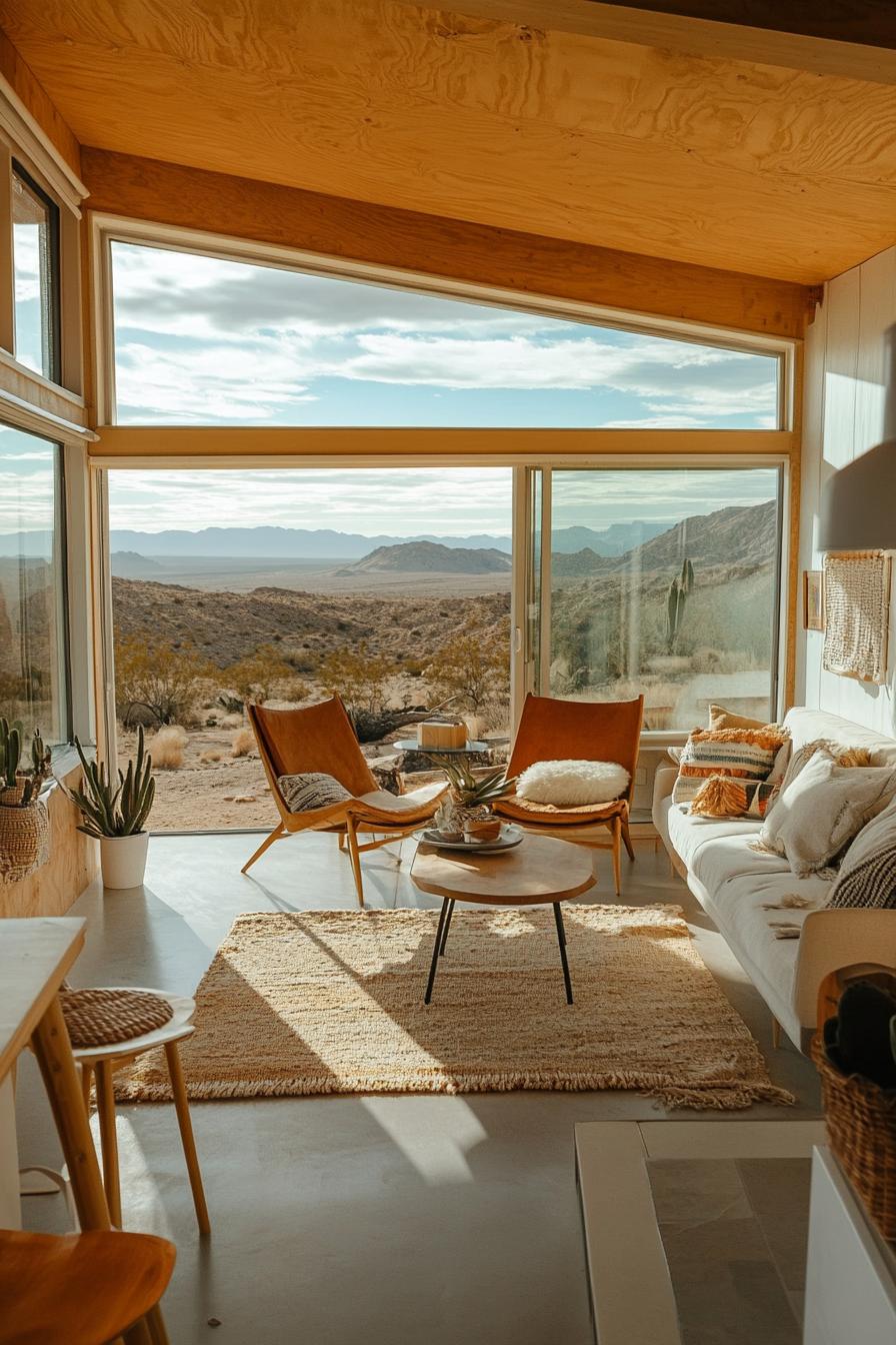 mid century modern tiny home open plan windows overlooking arid mountains 1