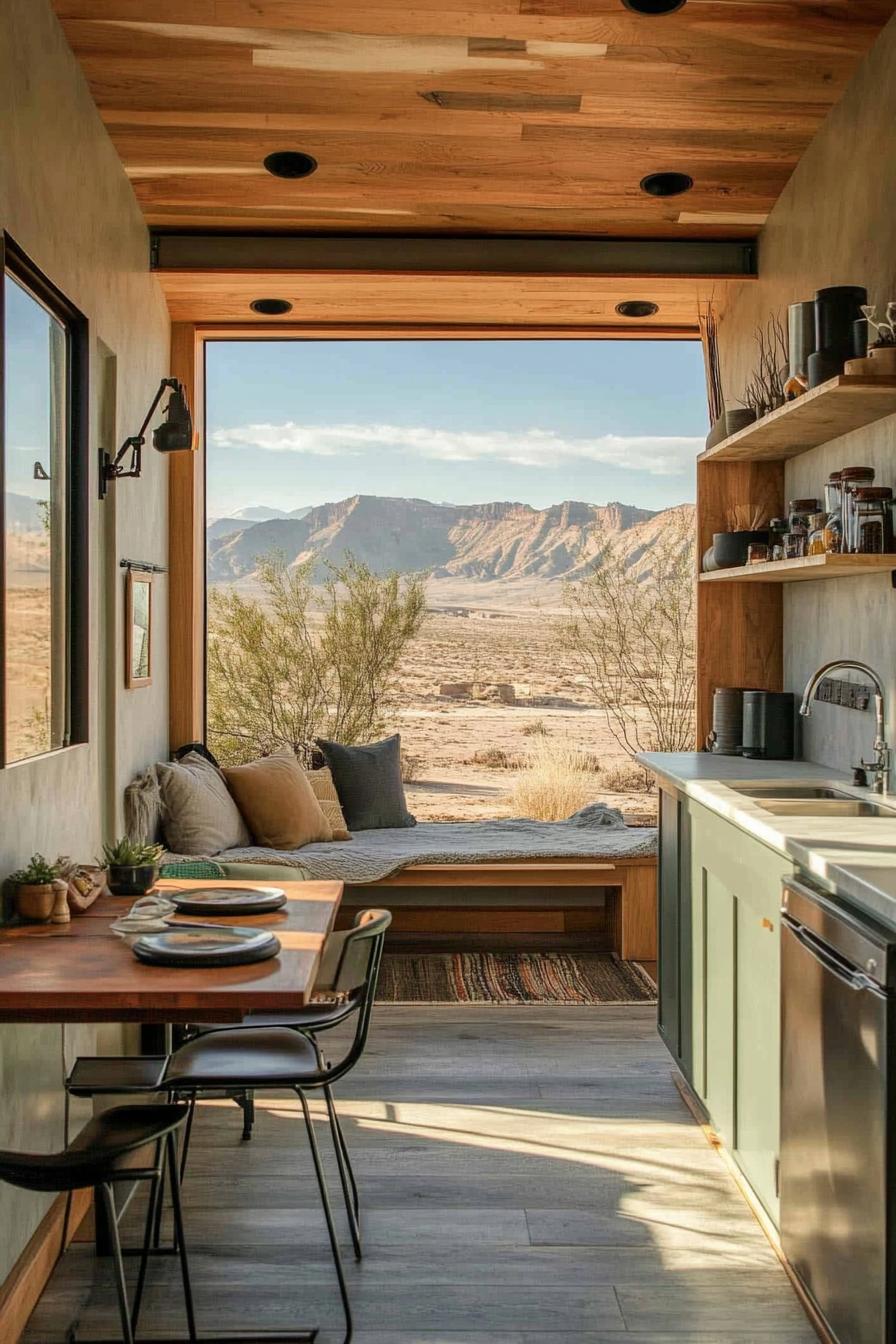 mid century modern tiny home open plan windows overlooking arid mountains 2