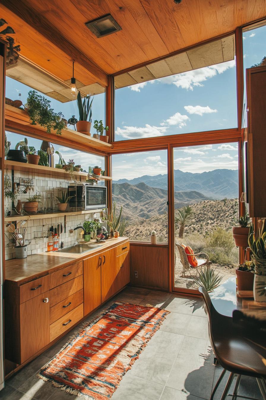 mid century modern tiny home open plan windows overlooking arid mountains 3