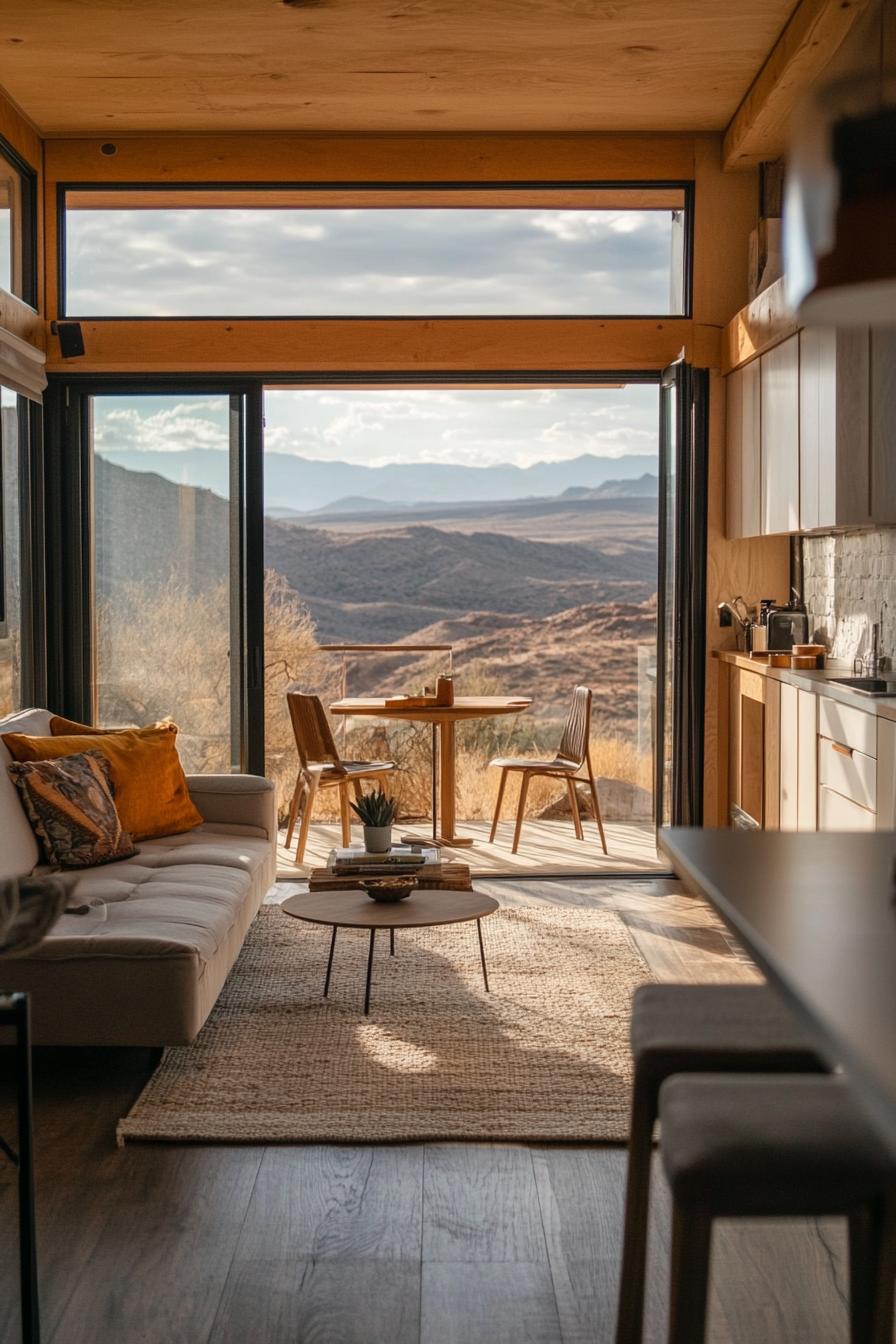 mid century modern tiny home open plan windows overlooking arid mountains