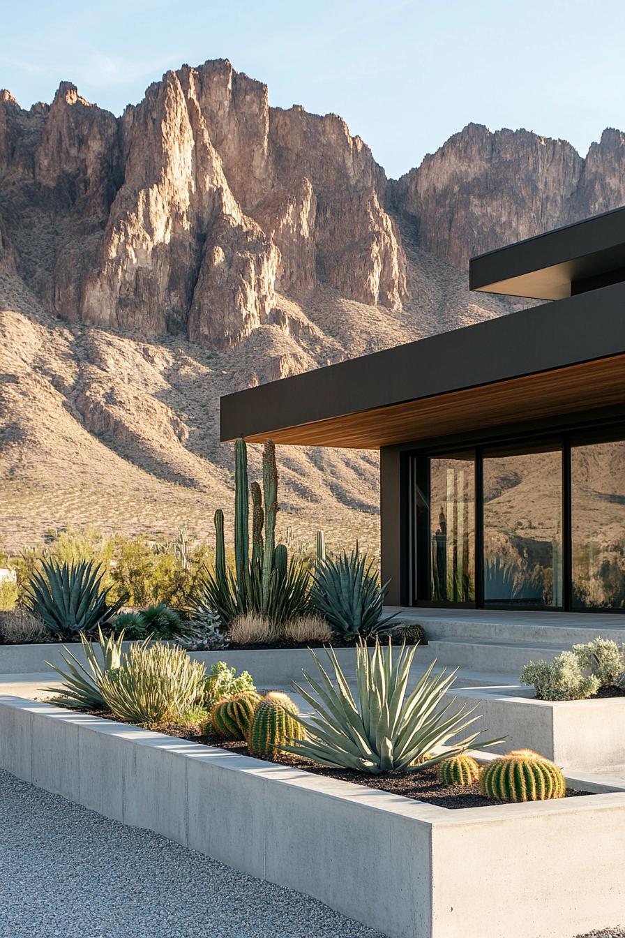 modern 70s style house front yard with cement planter boxes stunning arid mountain landscape in the background 1