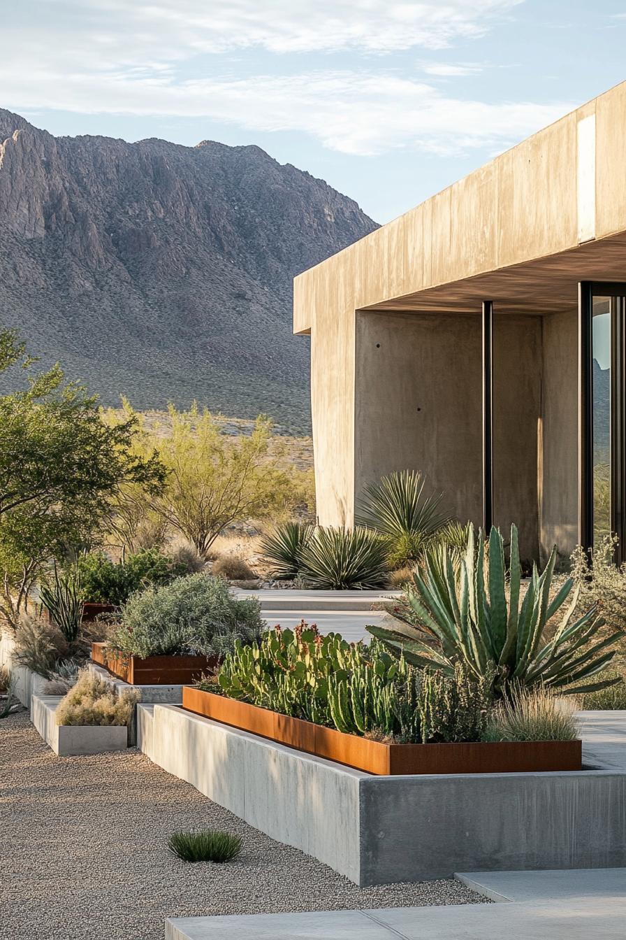 modern 70s style house front yard with cement planter boxes stunning arid mountain landscape in the background 2