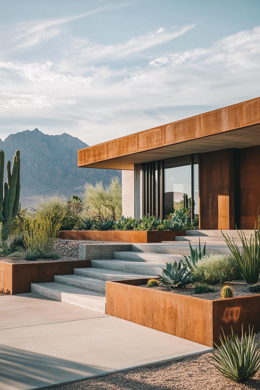 modern 70s style house front yard with cement planter boxes stunning arid mountain landscape in the background 3