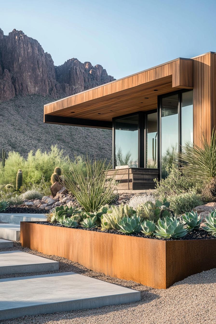 modern 70s style house front yard with cement planter boxes stunning arid mountain landscape in the background