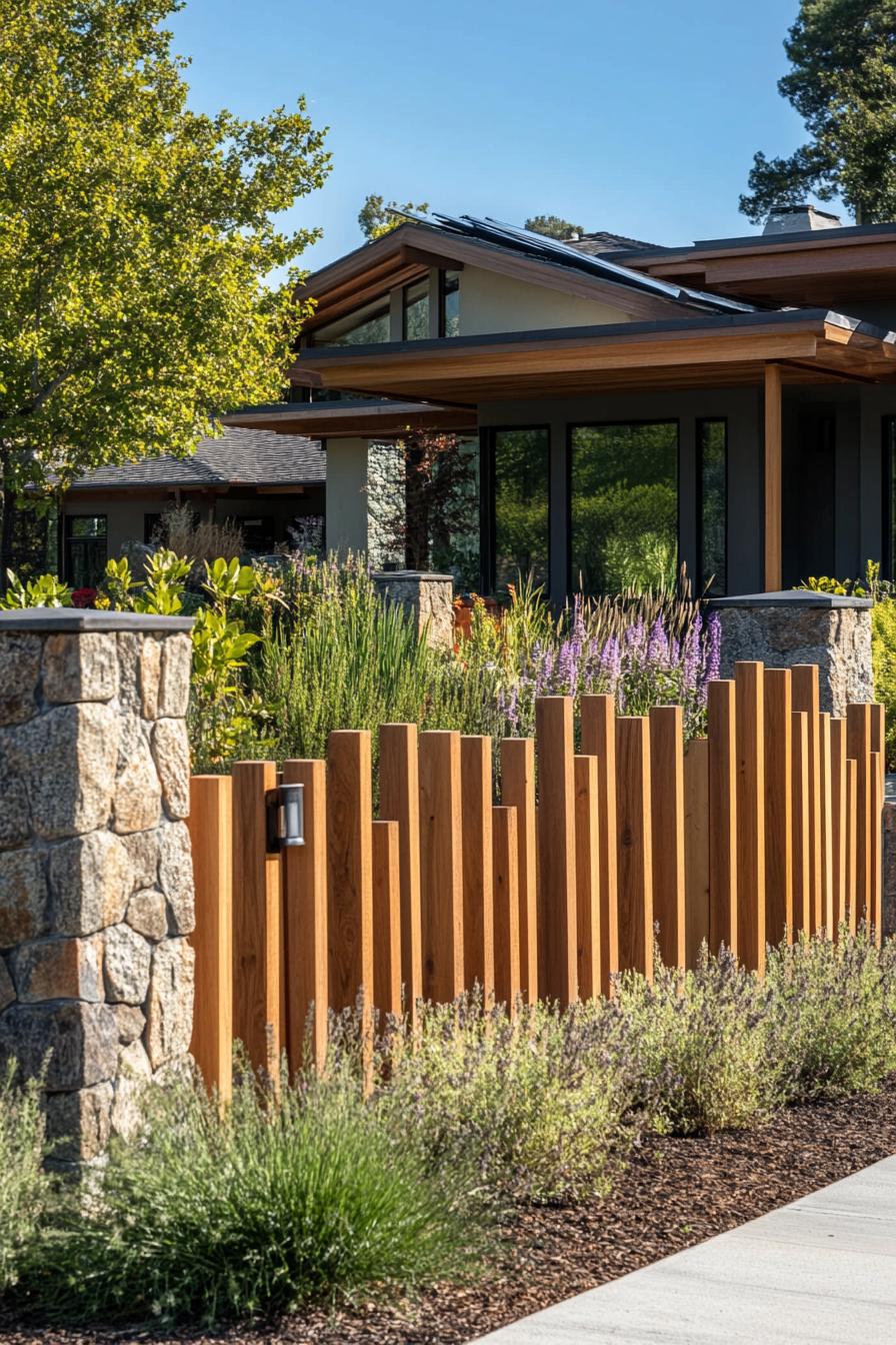 modern 90 style house front yard with wooden slat fence and stone fence posts hill village in the background 1