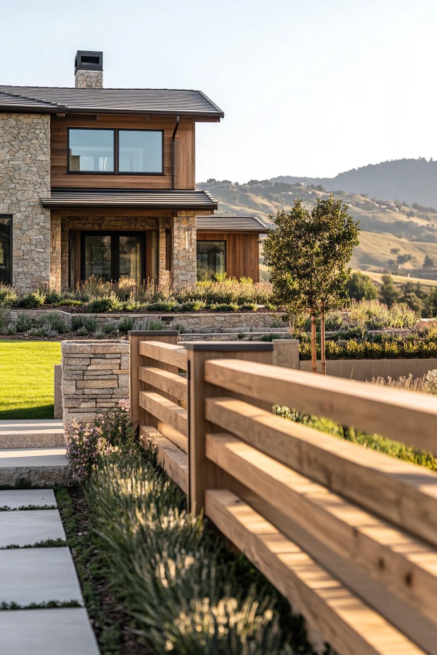 modern 90 style house front yard with wooden slat fence and stone fence posts hill village in the background 2