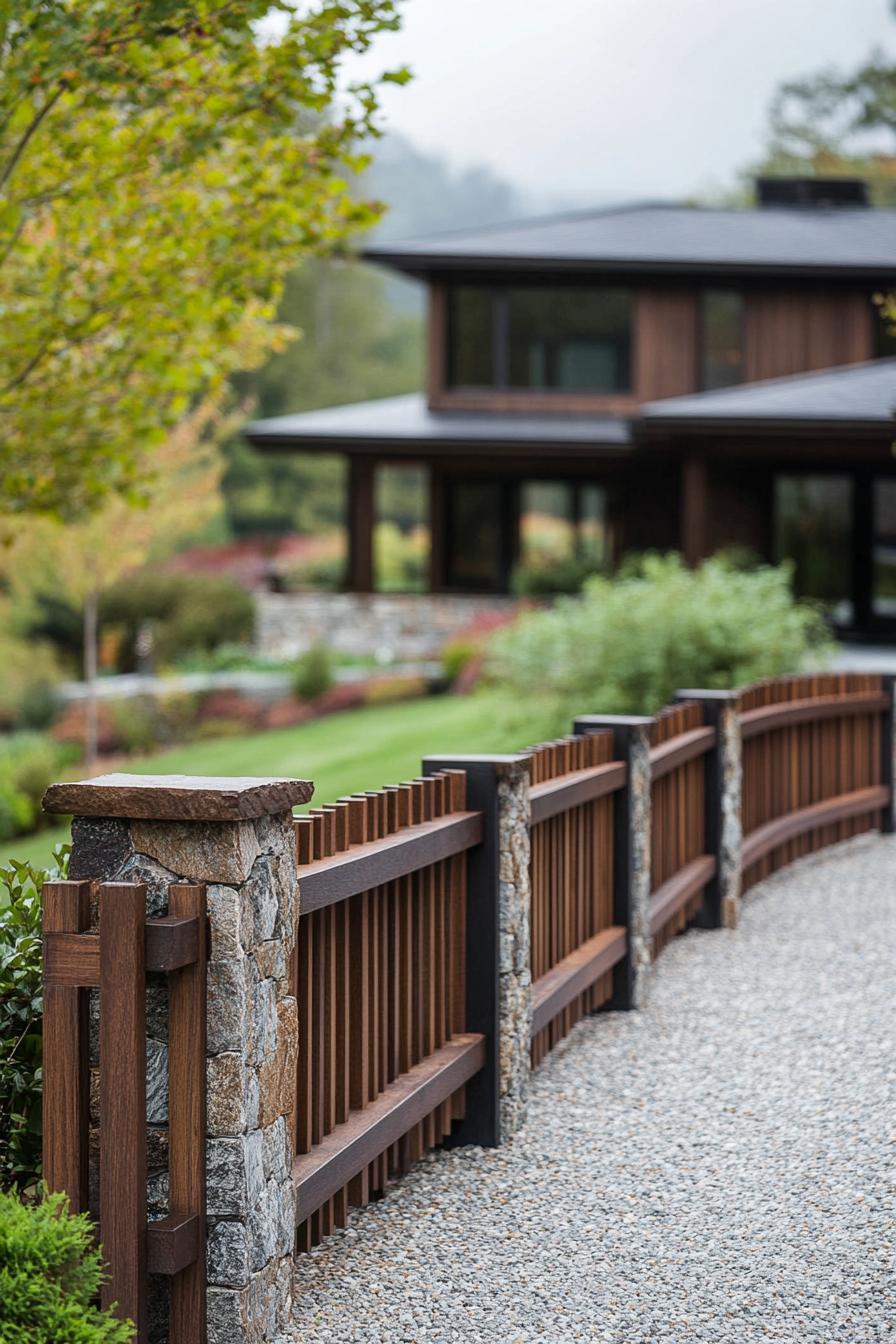 modern 90 style house front yard with wooden slat fence and stone fence posts hill village in the background 3