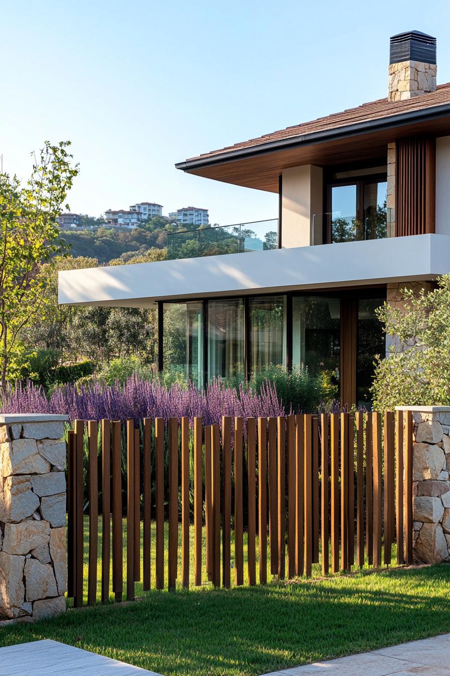 modern 90 style house front yard with wooden slat fence and stone fence posts hill village in the background