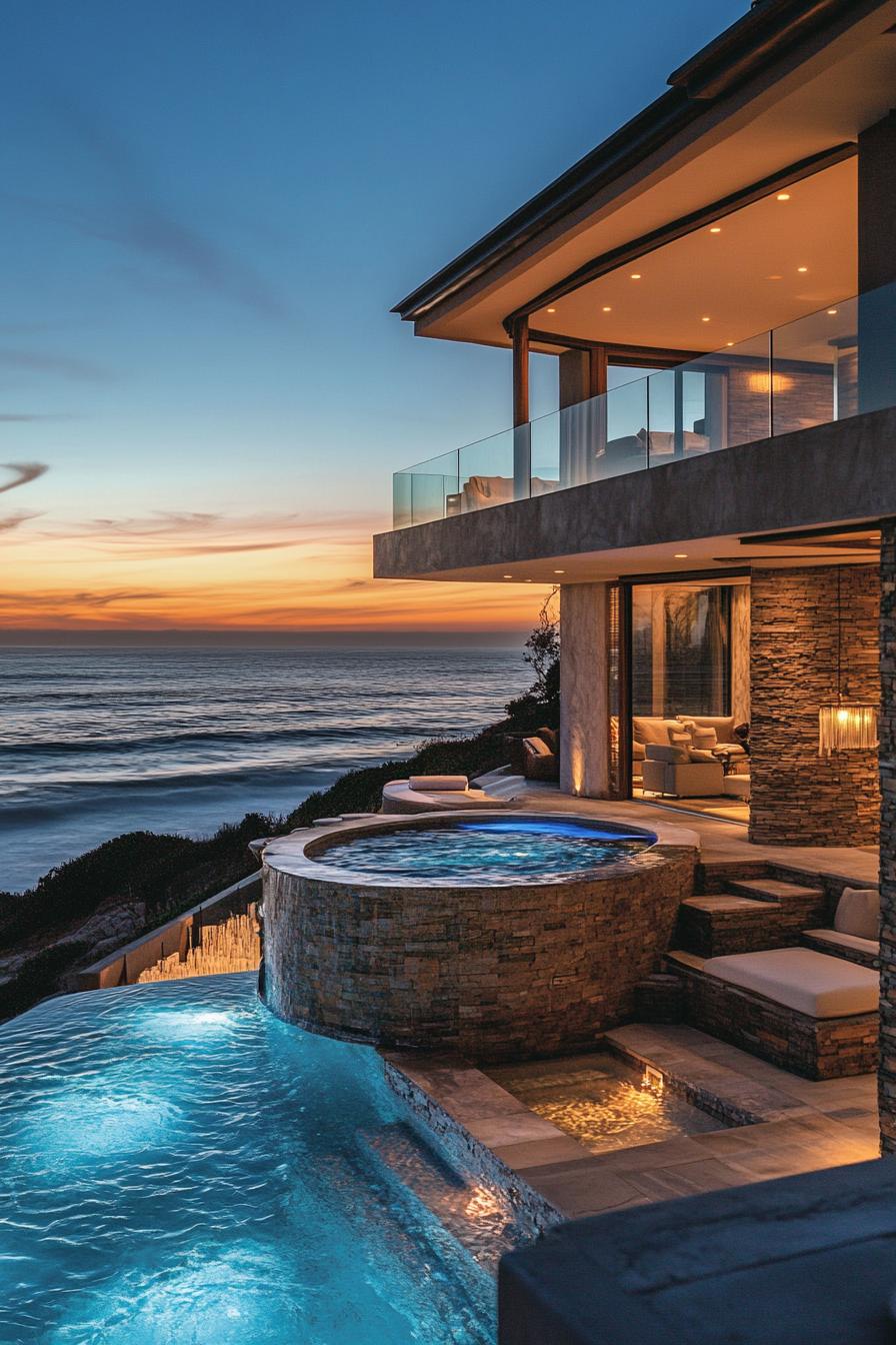 modern California house facade with infinity pool connected to the living room Malibu beachfront with ocean views 1