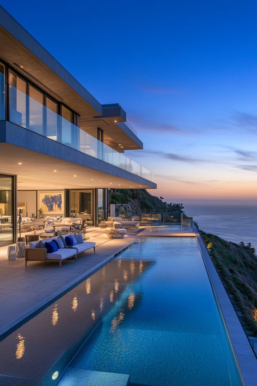 modern California house facade with infinity pool connected to the living room Malibu beachfront with ocean views 2