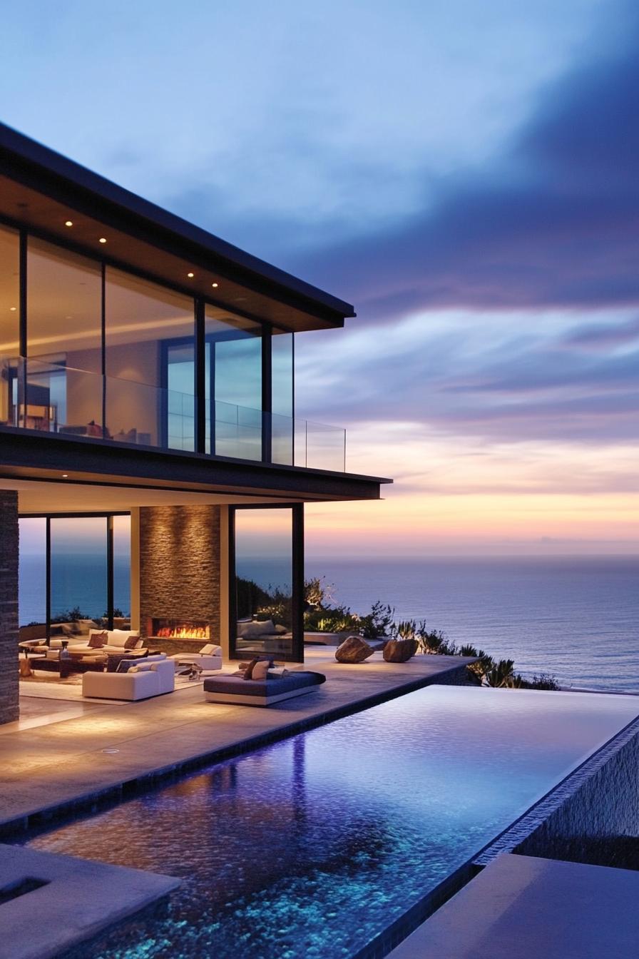 modern California house facade with infinity pool connected to the living room Malibu beachfront with ocean views 3