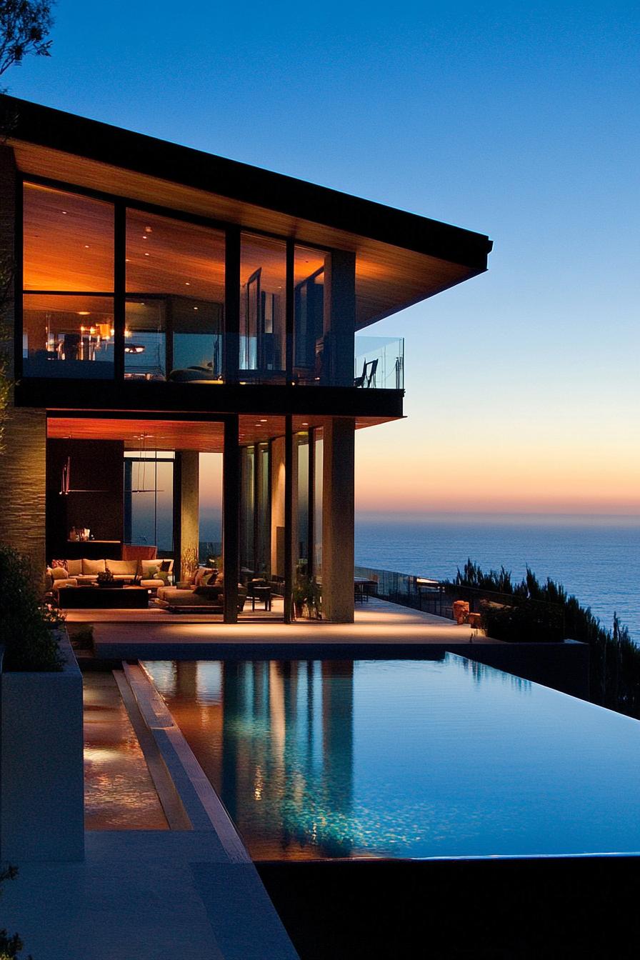 modern California house facade with infinity pool connected to the living room Malibu beachfront with ocean views