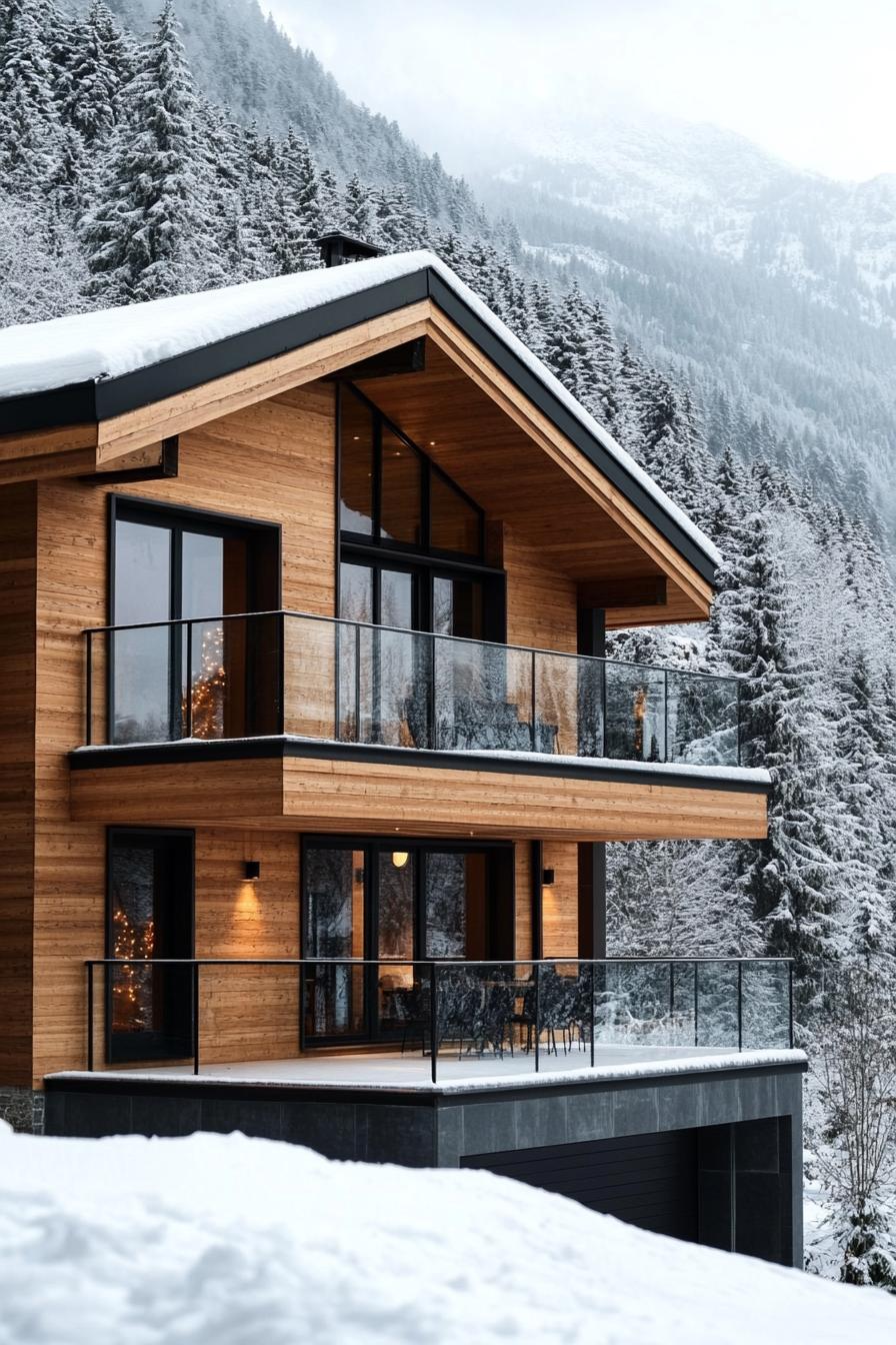 modern French chalet house facade with wooden cladding and glass railings stunning snowy mountain in the background 1