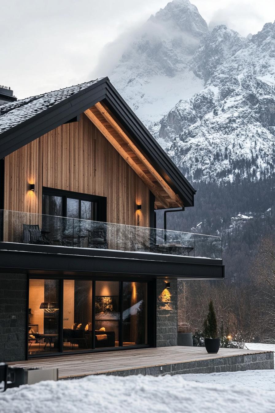 modern French chalet house facade with wooden cladding and glass railings stunning snowy mountain in the background 2