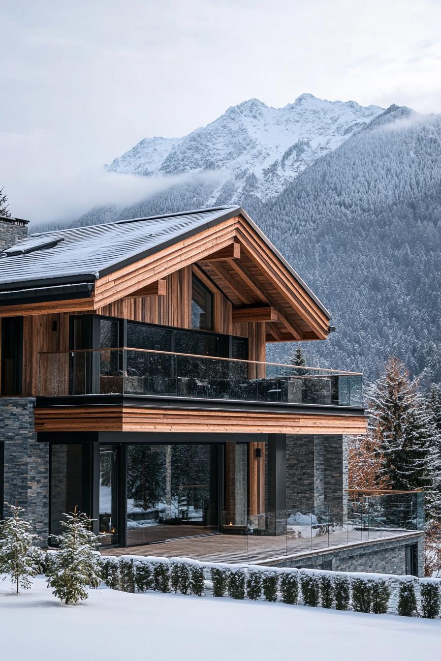 modern French chalet house facade with wooden cladding and glass railings stunning snowy mountain in the background 3