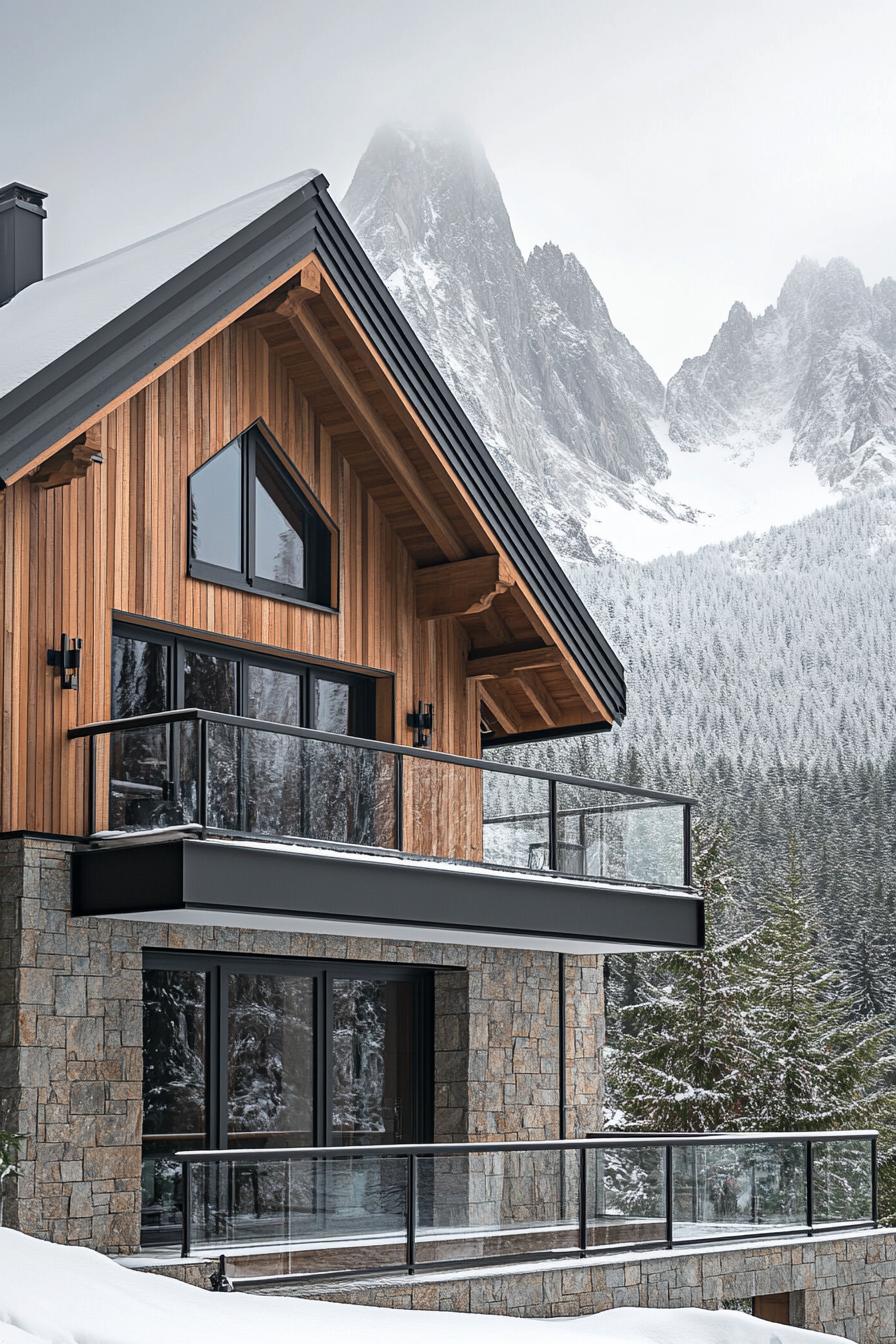 modern French chalet house facade with wooden cladding and glass railings stunning snowy mountain in the background