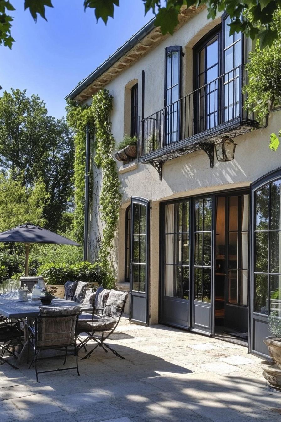 modern French country house terrace with French doors 1