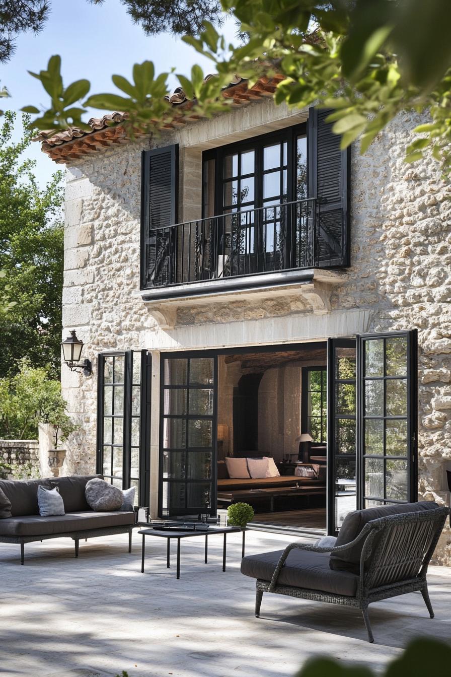 modern French country house terrace with French doors 2