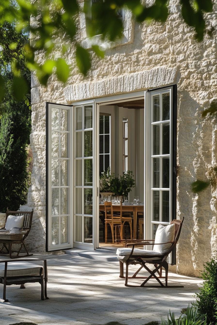 modern French country house terrace with French doors